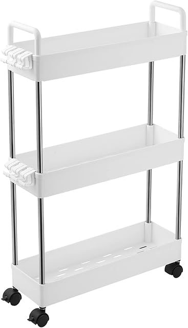 3-Tier Slim Storage Trolley Slide Out Rolling Utility Shelf Rack Storage Cart on Wheels Multi-purpose Shelving Unit Organizer for Kitchen/Bathroom/ Laundry Room/Office,Plastic & Stainless Steel(White)