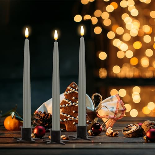 Image of CVHOMEDECO. Flameless Taper Candles with 10-Key Remote, Battery Operated Led Flickering 3D Wick Window Candles Real Wax Finished Home Christmas Party Decor 0.78 x 11 Inch, Pack of 3, Grey