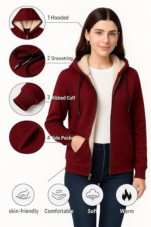Image of ADBUCKS Hoodies for Women Winter Fleece Sweatshirt - Full Zip Up Thick Soft Fur Lined Hooded Jacket Coat