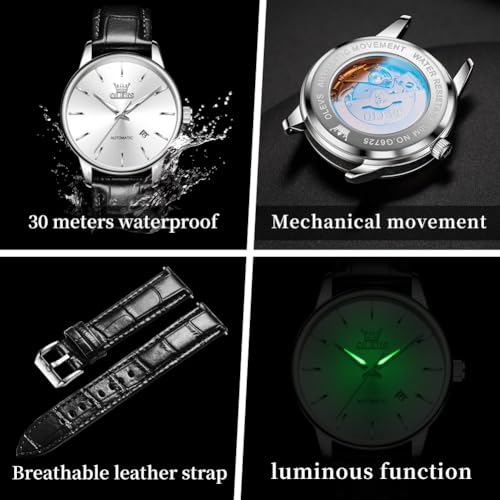 OLEVS Men's Automatic Watches Black Leather Band Silver Big Dial Waterproof - image 4