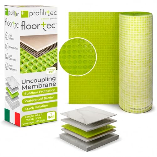 Profilitec Floortec 1/8' Anti-Fracture Crack Isolation Uncoupling Waterproofing Underlayment Translucent Membrane 323 Sq Ft Roll (No Curling) for Bathroom Flooring Ceramic Tile Concrete Subfloor Stone
