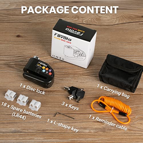 Favoto Alarm Disc Lock, 3 Keys And 18 Batteries (5-Year Availability), 110 Db Waterproof Anti-Theft Security Brake Padlock, 7Mm Lock Pin With Reminder Cable, Fit For Motorcycle E-Bike Bicycle Scooter #TOP4
