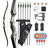 Arc classique composé de branches en fibre de verre hautement élastiques de conception ergonomique et de stratifiés de bambou. Corde d'arc en ligne de pneus naturels de haute qualité, plus délicate et durable. Bords arrondis et manche en bois à la finition fine qui conviennent aux archers débutants et professionnels.