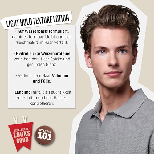 AMERICAN CREW – Light Hold Texture Lotion, 250 ml, Haarlotion für Männer, Haarprodukt mit leichtem Halt, Stylingprodukt für längeres und feines Haar, mit Ginseng & Lanolin