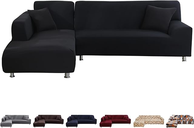SearchI Sofa Cover L Shape Sofa Slipcover Pet protector Anti-slip Stain resistant Machine Washable Furniture Protector Modern Corner Sofa Covers (Black, Two Seaters+Two Seaters)