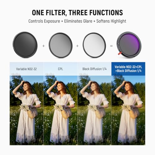 Image of NEEWER 62mm 3 in 1 Variable ND + CPL + Black Diffusion 1 /4 Lens Filter | HD ND2-32 Circular Polarizer Black Diffusion 1 /4 Filter for Mist Cinematic Effect Filter Photography Camera Accessories