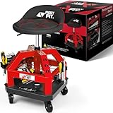 FreekyFit Rolling Shop Stool for Garage with Casters, DO02-Adjustable Height 360° Swivel Shop Seat with Tool Tray Storage, 330 LBS Capacity Padded Mechanic Stool, Magnetic Tool Hold, Heavy Duty, Red