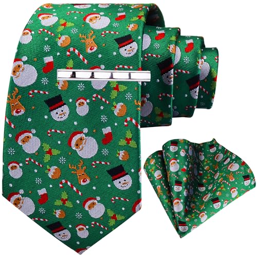 Gusleson Green Christmas Necktie and Pocket Square Set Santa Claus Tie Xmas Ties for Men (UK0959-11)