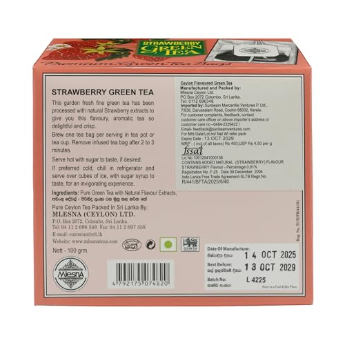 Image of Mlesna Strawberry Green Tea 100g | 50 Foil-Wrapped Tea Bags | Pure Ceylon Green Tea | Rich in Antioxidant | Imported from Sri Lanka