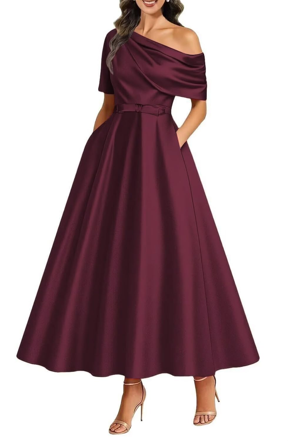 Kiyne Women's Burgundy Mother Of The Bride Dresses For With Pockets A Line Satin Formal Dress Mother Of Groom Gown Tea Length Uk10
