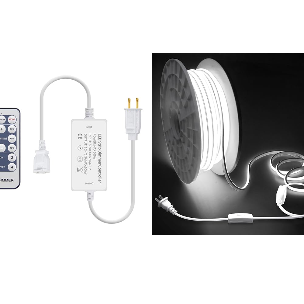 Samsion200FT COB Led Strip Lights Outdoor Plug in with Switch LED Rope Light for Outside Waterproof 1 Roll Bright White+Dimmer Controller for Single Color AC 110V-130VCOB LED Rope Lights
