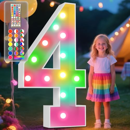 Image of Ledido 4FT Marquee Light Up Numbers, 34 Colors Changing Marquee Numbers 4 Feet Tall with Remote, Big Numbers for Party Wedding Graduation Birthday Decoratoons, Large Light Up Number 4