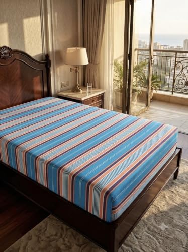 Image of Khadi Handloom Handmade 210TC Single Bed Sheet Cotton 7.5X5 feet Superfine Premium Cotton bedsheet Single Bed Combo & Single Pack (Oceanic-Blue-90X60, Full)