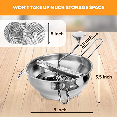 Ergonomic Food Mill Stainless Steel With 3 Grinding Milling Discs, Milling Handle & Stainless Steel Bowl - Rotary Food Mill For Tomato Sauce, Applesauce, Puree, Mashed Potatoes, Jams, Baby Food #TOP6