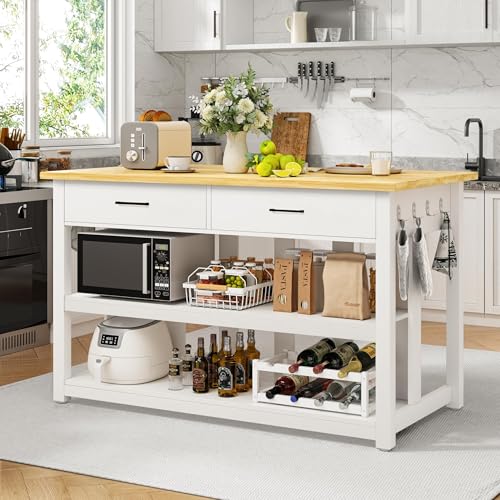 DynJest Kitchen Island with Storage and Solid Wood Top, Kitchen Island Table with Power Outlet, 6 Hooks, 2 Drawers Coffee Bar Cabinet for Home, Kitchen and Dining Room, Farmhouse Style (White)