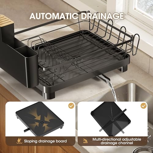 Runnatal Dish Drying Rack, Stainless Steel Dish Rack with Drainboard for Kitchen Counter and Sink, Large Capacity Dish Drainer, Detachable 2-in-1 Utensil Holder, Cup Holder, Black by Runnatal - Image 4