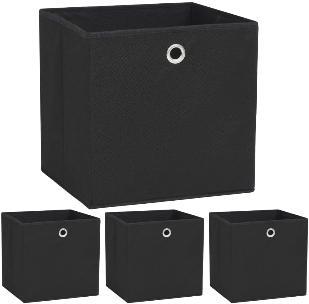 vidaXL Black Non-woven Fabric Storage Boxes, 12.6"x12.6"x12.6" Dimension, Pack of 4, Foldable Design with Metal Eyelet, Multifunctional Organizer