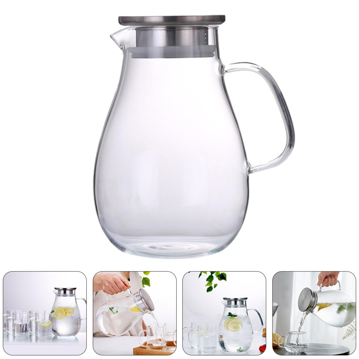SHINEOFI Jarra de Agua de Vidrio de 2000 Ml Tapa Antigoteo Hervidor de Bebidas Multiusos Hogar Botella Práctica para Jugo y Agua Fría