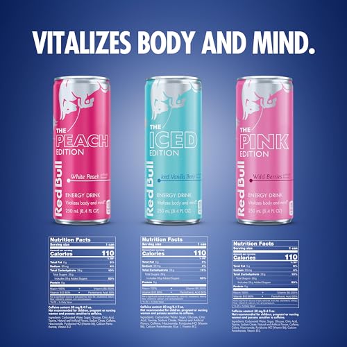 Image of Red Bull Energy Drink Variety Pack, Peach, Iced Vanilla Berry, Pink, with 80mg Caffeine, Taurine & B Vitamins, 8.4 fl. oz, Pack of 12 Cans