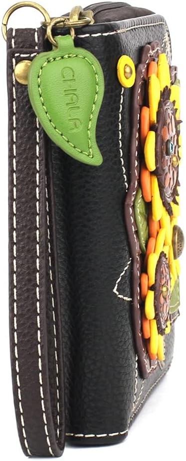 CHALA Zip Around Wallet, Wristlet, 8 Credit Card Slots, Sturdy Pu Leather - Sunflower Group - Black - Image 4