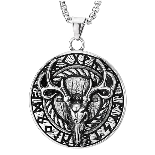 COOLSTEELANDBEYOND Mens Steel Vintage Deer Skull Circle Pendant Necklace with Antlers & Norse Runes Viking Pagan Nordic