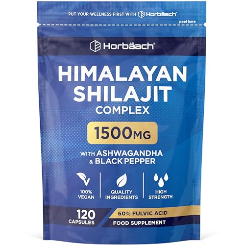 Shilajit Puro de Himalaya Cápsulas 1500mg | 60% Ácido Fúlvico | con Ashwagandha y Pimienta Negra | 120 Cápsulas Veganas | Extracto puro de Shilajit proveniente del Himalaya | Horbaach