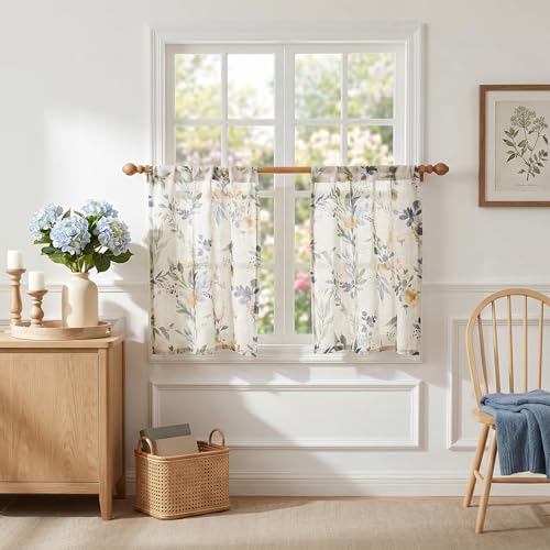 Image of MYSKY HOME Floral Kitchen Curtains 36 Inches Linen Tier Curtains 2 Panels | Farmhouse Blue Flower Patterned Small Window Treatments Airy Light Filtering Rod Pocket for Living Room Bathroom, Each 26 inch W