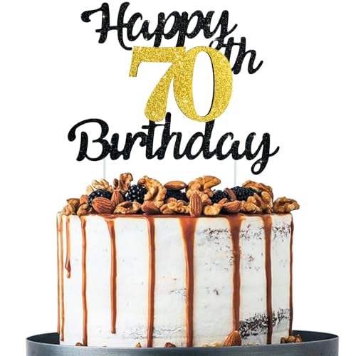 BEISHIDA Happy 70th Birthday Cake Topper Black Gold Glitter 70th Happy Birthday Cake Decoration for Men Women Party Supplies