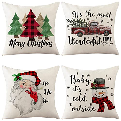 Funda de Almohada Navideñas,4Pcs Modernas Fundas Cuadrados para Cojines Cremallera Oculta Juego de Almohada de Navidad Decoración para Hogar Sofá Cama 45x45 cm Cover