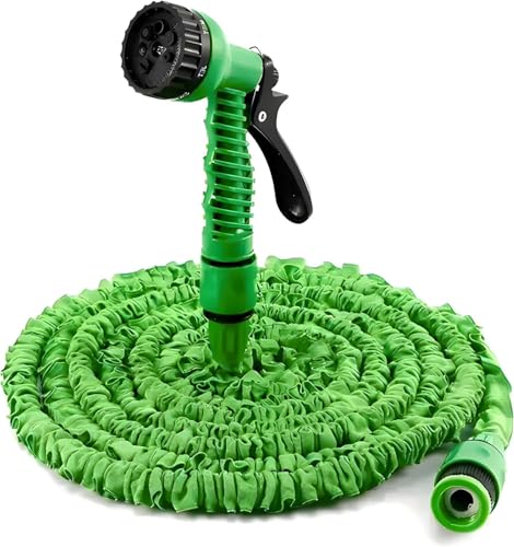 Image of Expandable Garden Hose Leightweight Retractable Kink Free Flexible Magic Hose with 3/4" and 1/2" Fitting Expanding Hose Pipe with 7 Function Spray Nozzle Latex Core Anti-Leakage (Green, 50FT)