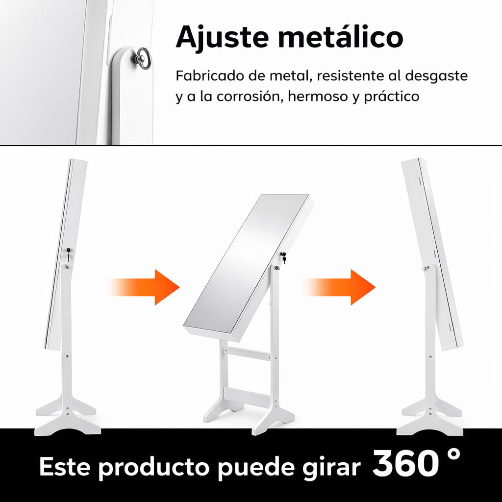 Espejo Joyero de Pie con Cerradura 155x41x37cm Armario Organizador