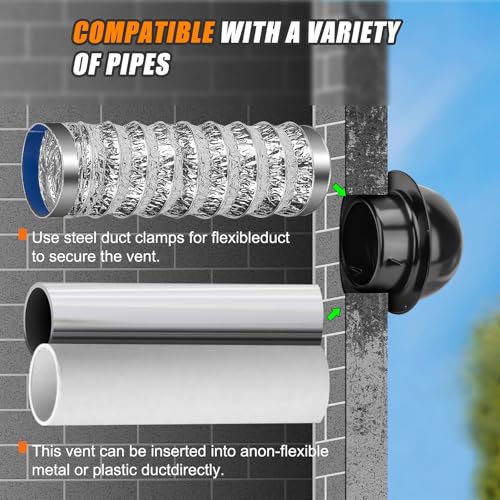 Image of Matework Dryer Vent Cover Outside, 4 Inch Stainless Steel Round Dryer Vent, Auto-Open Wall Vent (Black) (Pack of 2)