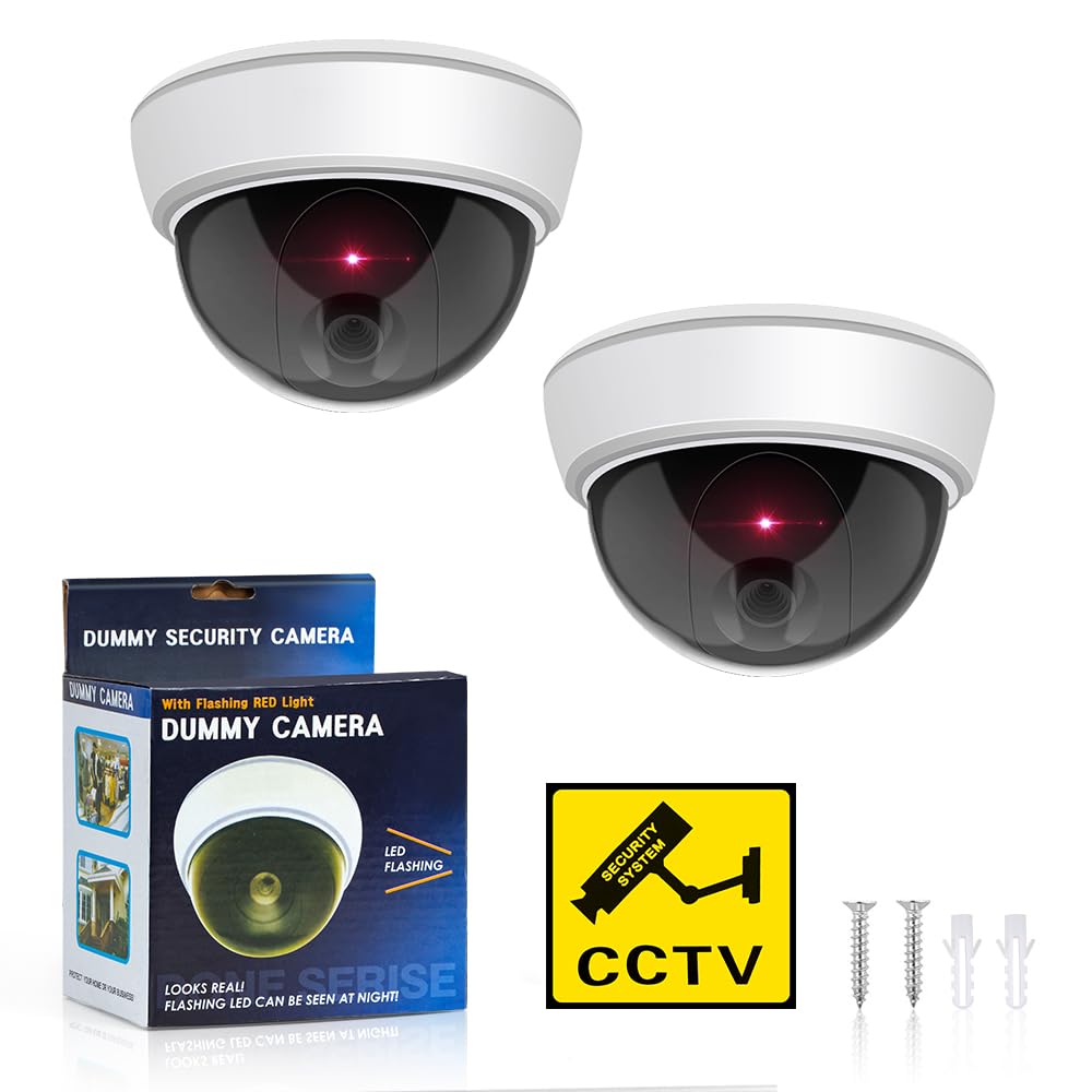 ERWEY Set di 2 finte telecamere di sicurezza con obiettivo, video sorveglianza per messa in sicurezza delle merci, telecamera falsa con luce LED rossa per parete e soffitto