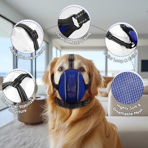 Image of Dog Muzzle - Soft Breathable Mesh Nylon Adjustable Muzzle for Small Medium Large Dogs | Prevents Chewing,Biting & Scavenging | Allows Panting, Drinking & Grooming | Secure Collar Strap Design(Blue M)