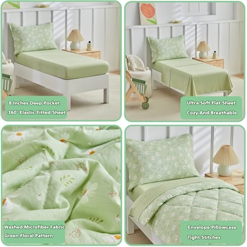 Image of DuShow Green Floral Toddler Bedding Set,4 Pieces Toddler Crib Bed Sheet Set for Girls and Boys,Soft Toddler Comforter Set Includes Comforter,Flat Sheet,Fitted Sheet,Pillowcase