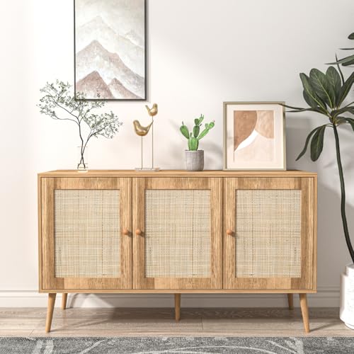 CONCEPT USINE | Buffet 3 Portes Style Scandinave 120 cm | Design CANGE Finition Bois | 3 Grandes Portes Effet Cannage | Rangement Spacieux | 5 Pieds Bois |...