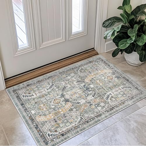 Madane Washable Area Rug 2x3, Small Entryway Rug Non-Slip Vintage Door Mat Indoor Entrance, Low Pile Floor Carpet for Inside Front Door Bedroom Kitchen Entry Laundry (2'x3', Green/Gold)