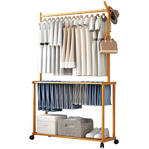 GWLGWL Perchero de Pie con Ruedas, 4 en 1 Perchero Burro de Bambú con 4 Ganchos y Estante, Cargable hasta 60kg, para Pasillo Dormitorio Entrada, Fácil de Instalar, 60x37x175cm Natural Cover