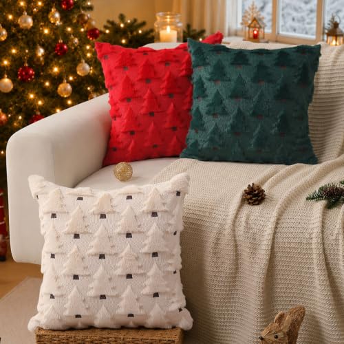 Image of Christmas Pillow Covers 22x22 inch Set of 2 Christmas Decorations Soft Plush Faux Fur Wool Beige Christmas Tree Throw Pillow Cases Winter Holiday Decor for Sofa Living Room PT002C22