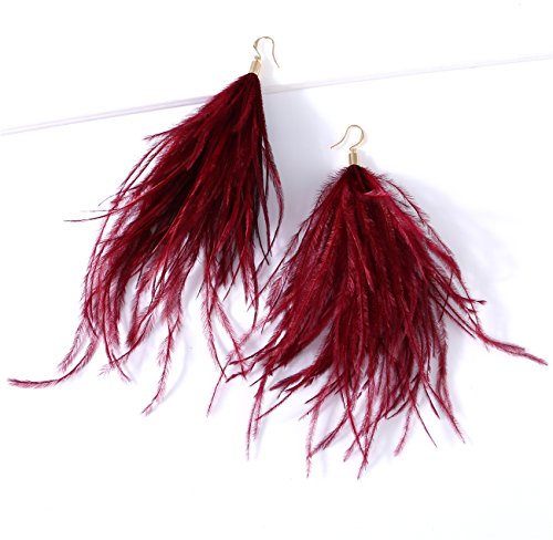 Women Long Dangle Earring Feather Elegant Thread Feather Jewelry For Gift Winter Party Bohemian (Burgundy, Gold-Plated-Copper) #TOP1