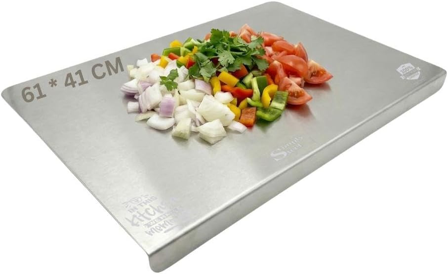 Extra Large Stainless Steel Cutting Board with Lip (62x41cm / 24.4x16.1 in) | Jumbo 304 Metal Cutting Board | Counter Lip | Non Porous Surface | Baking, Dough, Pastry & Kneading Prep | Dishwasher Safe
