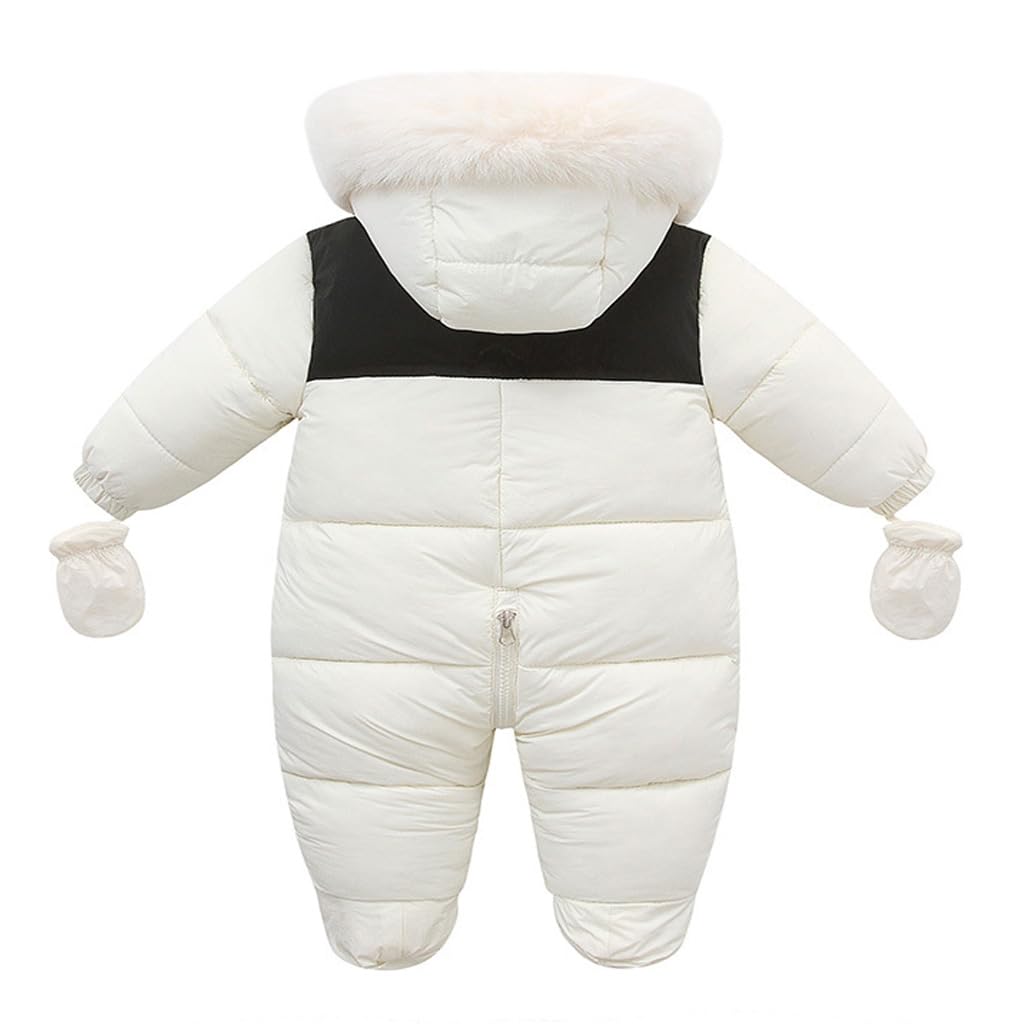 BRONG Bebé Invierno Mono de Nieve Vellón Pelele con Capucha Mameluco ExtraíBle Cuello de Piel Ropa Exterior Cortaviento Conjuntos con Guantes
