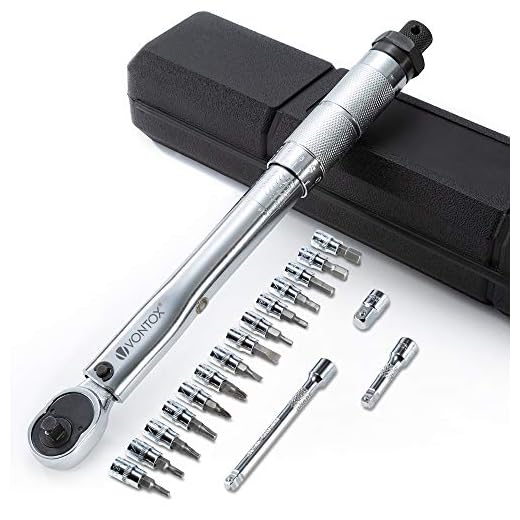 V VONTOX Torque Wrench Set 1/4 Inch Drive 45~220 in-lb/ 5~25 Nm, Bicycle Torque Wrench with 14 Accessories & Extension Bar Set, for Bicycle Maintenance Kit for Road, Mountain Bikes