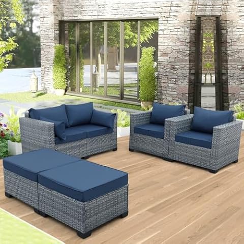 5 Piece Patio Furniture Set, Outdoor Wicker Conversation Set with Ottomans, All-Weather PE Rattan Love Seat and Chair Set with Navy Blue Cushions, for Backyard, Balcony and Deck Cover