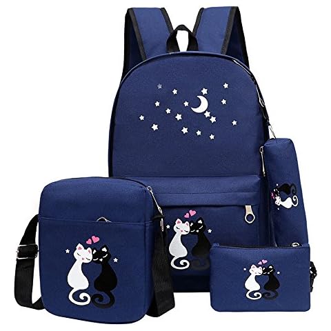 4Pcs Star Cat Prints Canvas Casual Daypack for Girls Bookbag School Backpack Set with Crossbody Bag Cover