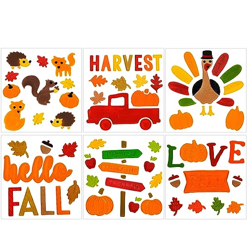JOICEE 6pcs Fall Gel Window Clings, Thanksgiving Pumpkin Turkey Maple Leaf Harvest Window Clings Sticker for Fall Window Decors