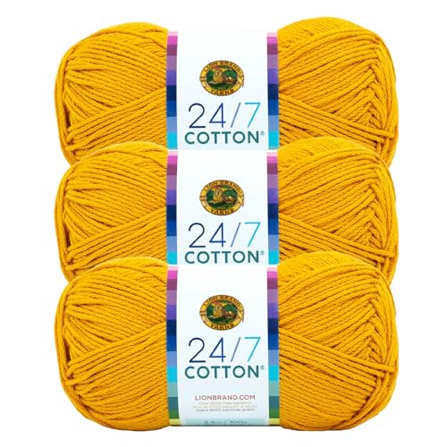 Image of Lion Brand Yarn, 24 /7 Cotton Yarn, Goldenrod, Yellow, 3 Pack | Light Worsted 100% Mercerized Cotton Yarn for Crochet, Knitting, Craft, 185 Yards of Natural Fiber for Tees, Bags, Dishcloths