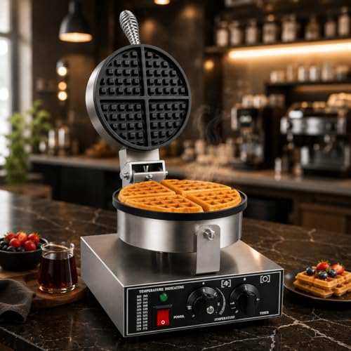 Image of Round Belgian Waffle Machine, Commercial Electric Belgian Waffle Maker, Non-Stick Waffle Baker for Cafe Bakery Restaurant