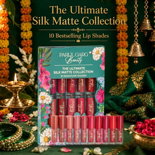 Image of Parul Garg Beauty Shringaar Celebration Pack | Festive Beauty Gift Set | 10 Mini Silk Matte Liquid Lipsticks, Kajal, Sindoor, Utsav Bindi Patta with Green Potli