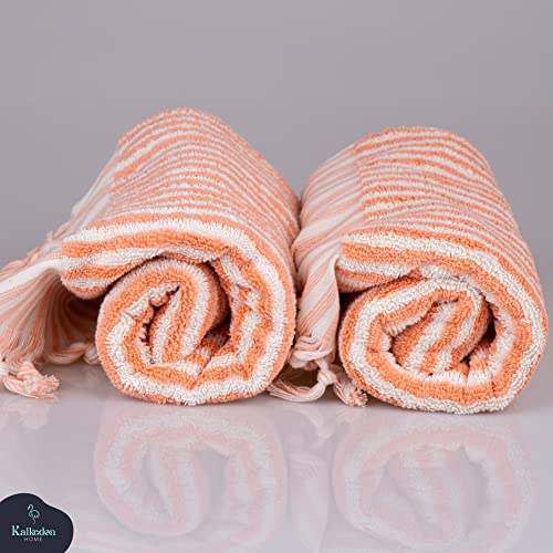 Striped Hand And Bath Towels For Bathroom | Set Of 2 Hand Towels | Organic Turkish Cotton | Large Soft Plush Fluffy Absorbent Ribbed Bath Towels (Hand Towel Set, Pink) #TOP1